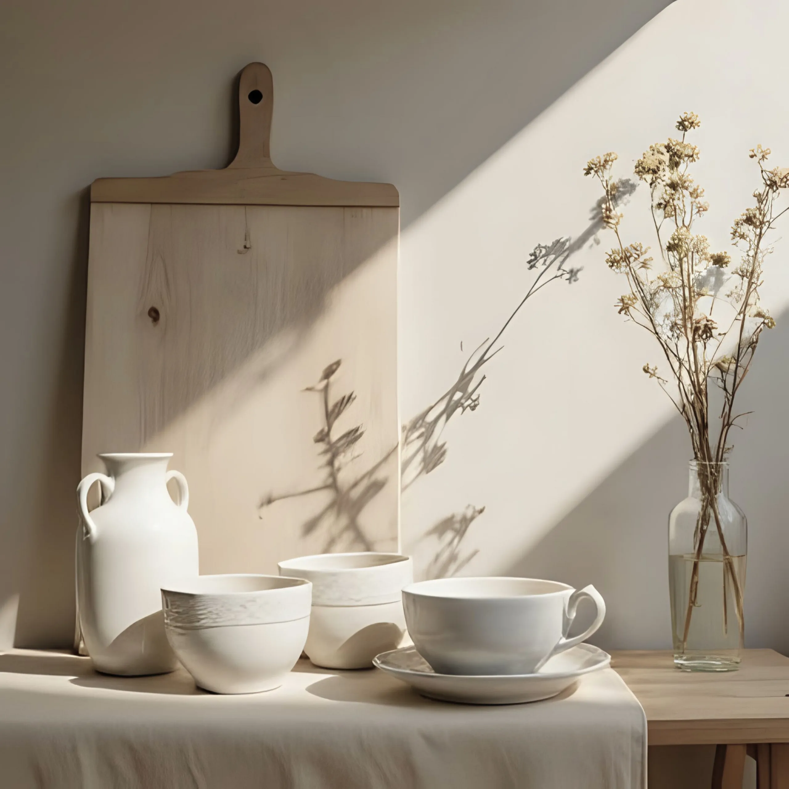 Nature morte avec poterie blanche, planche de bois et fleurs séchées au soleil.