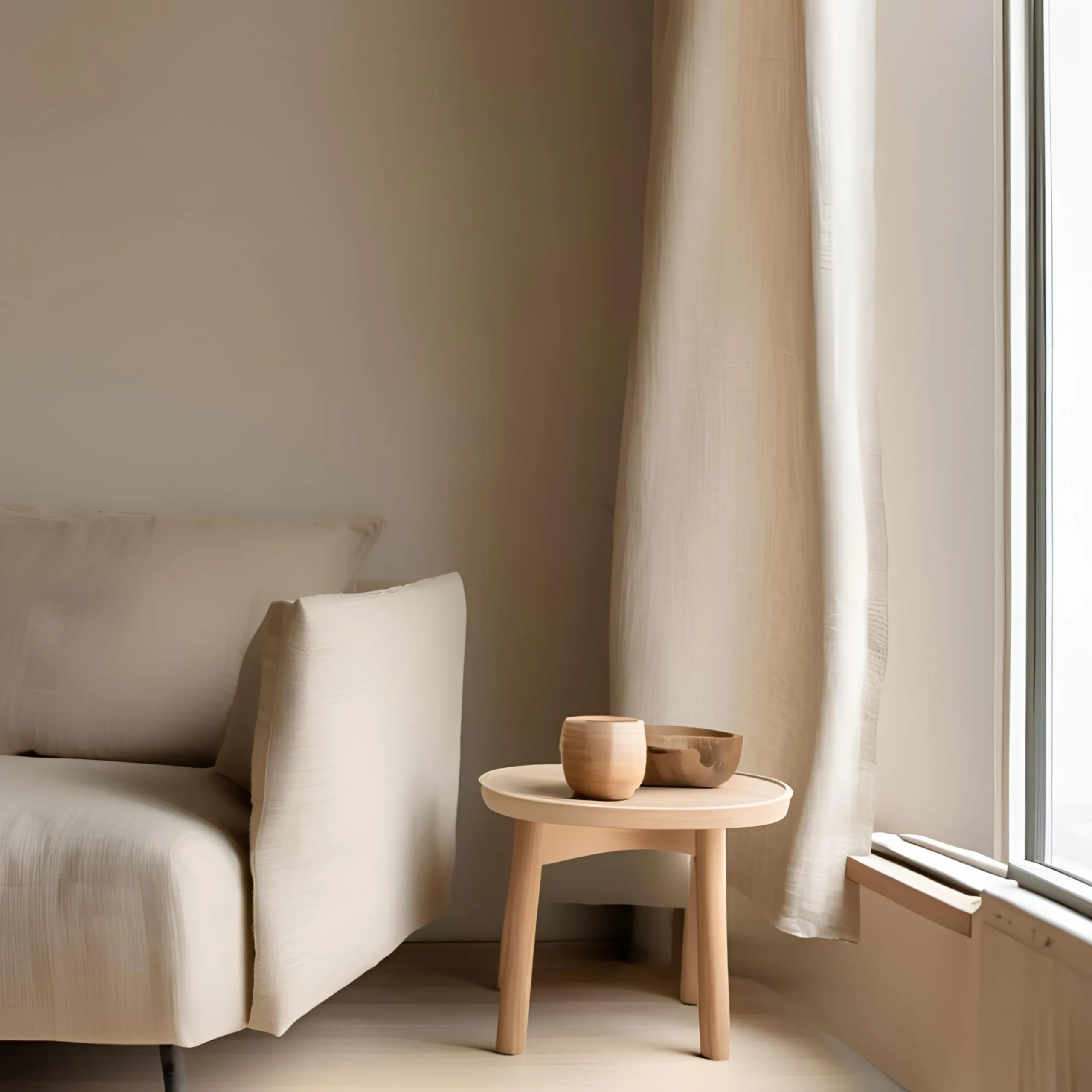 Salon beige avec un canapé, une table en bois et une fenêtre.