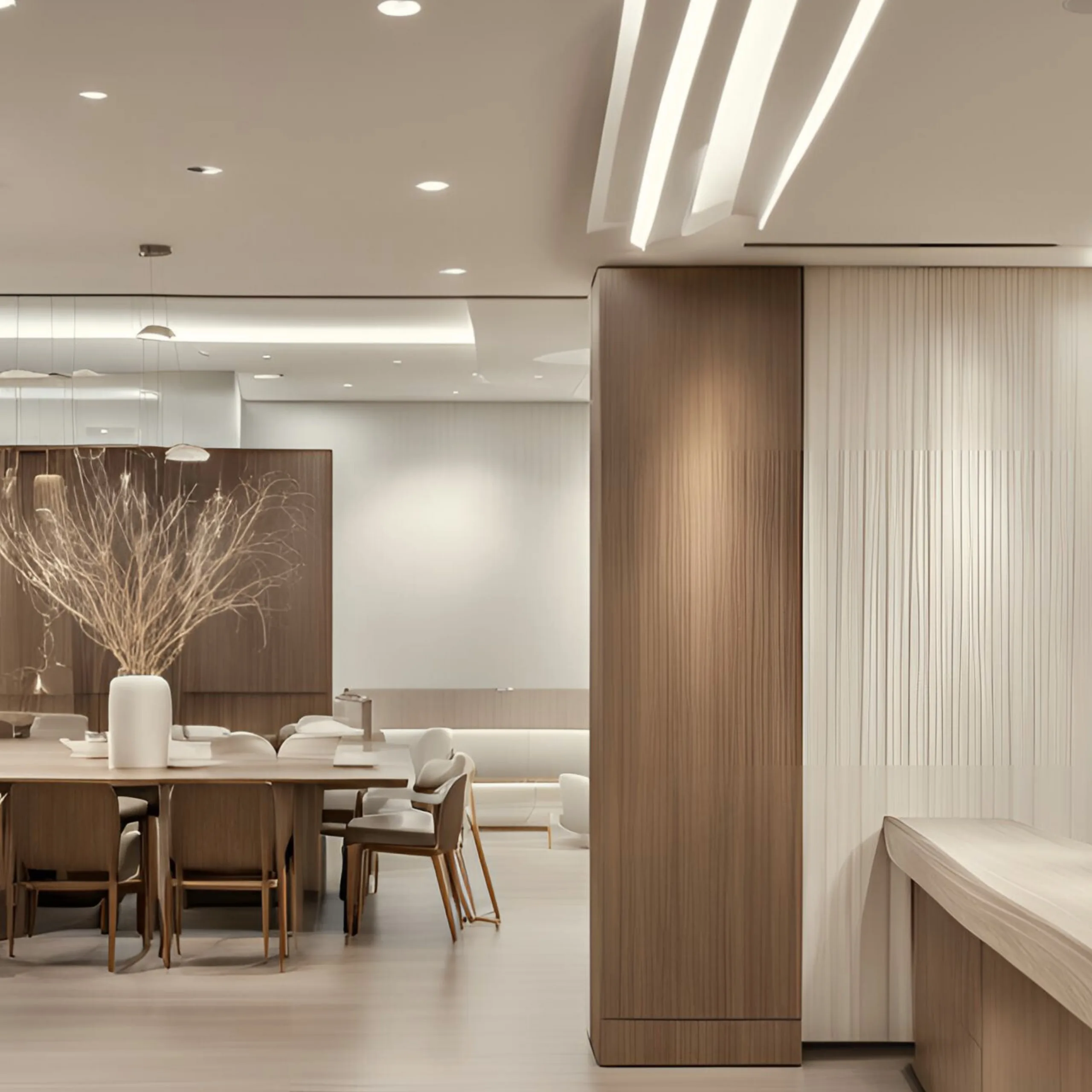 Salle à manger élégante et moderne avec mobilier en bois, murs blancs et éclairage artistique.