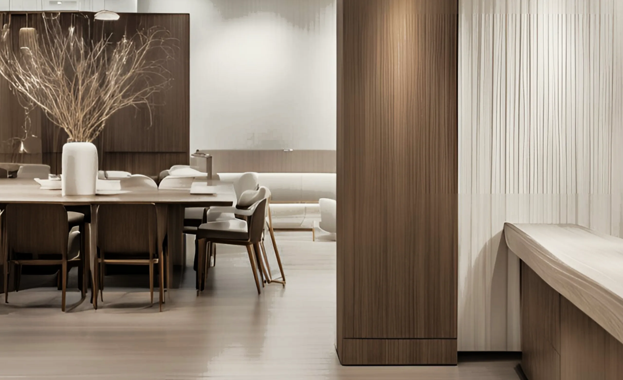 Espace d'attente moderne avec sièges en cuir couleur crème et table en bois contenant un verre d'eau et un petit plateau.