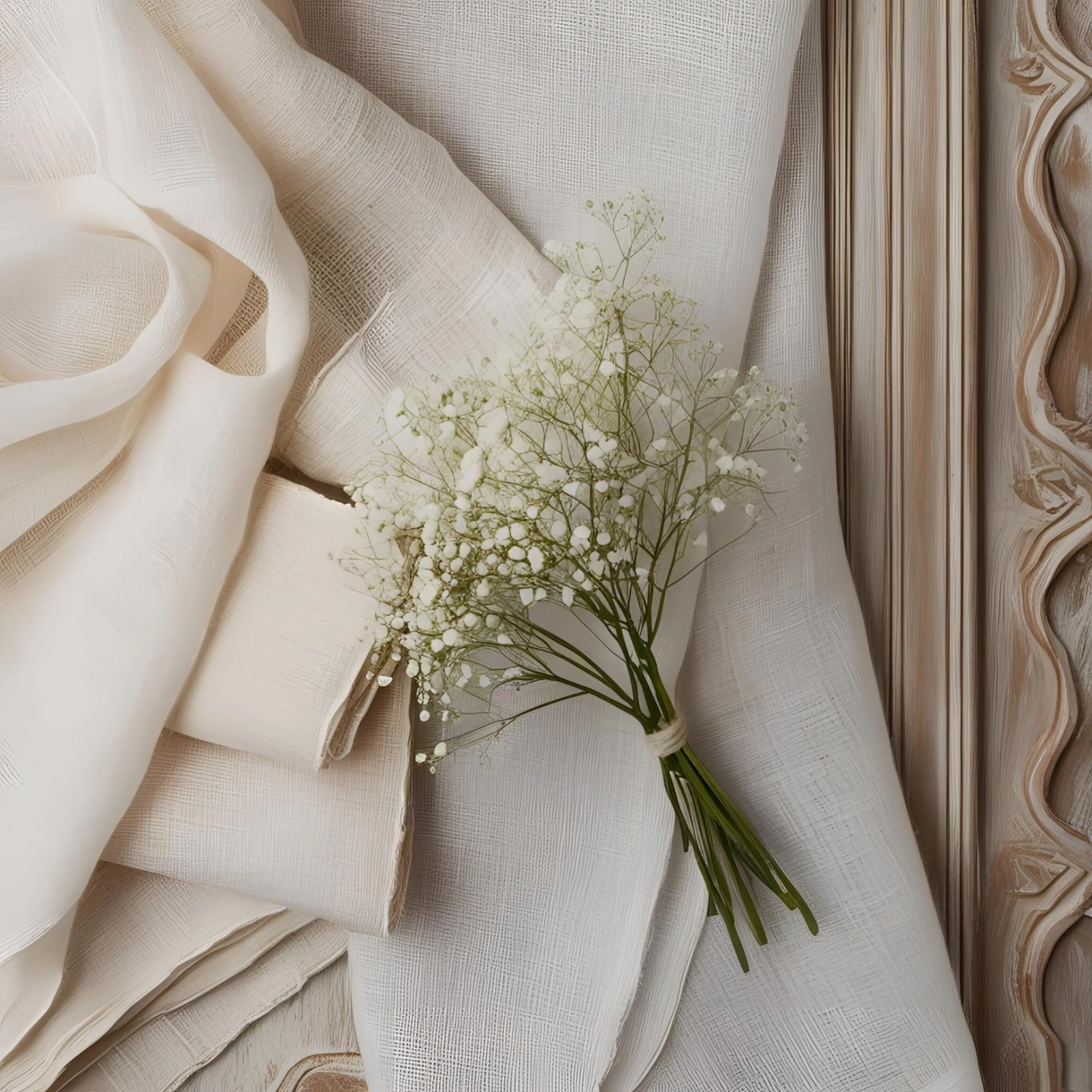 Tissus couleur crème drapés, petit bouquet de fleurs blanches, sur fond texturé et cadre en bois sculpté.