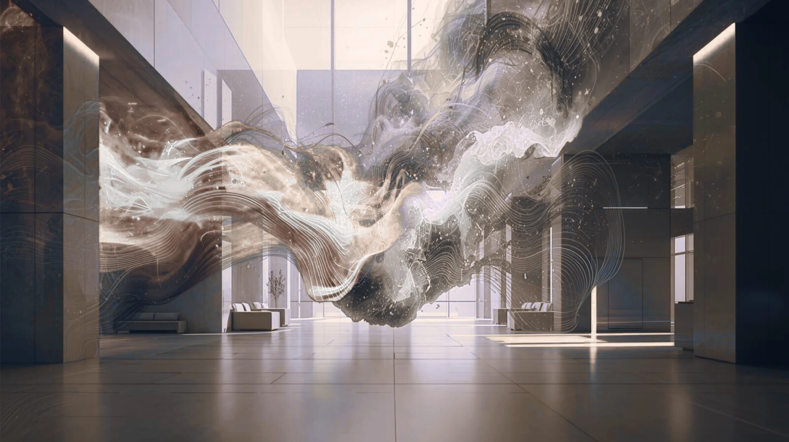 Nuage abstrait et tourbillonnant de particules dans le hall d'un immeuble moderne.