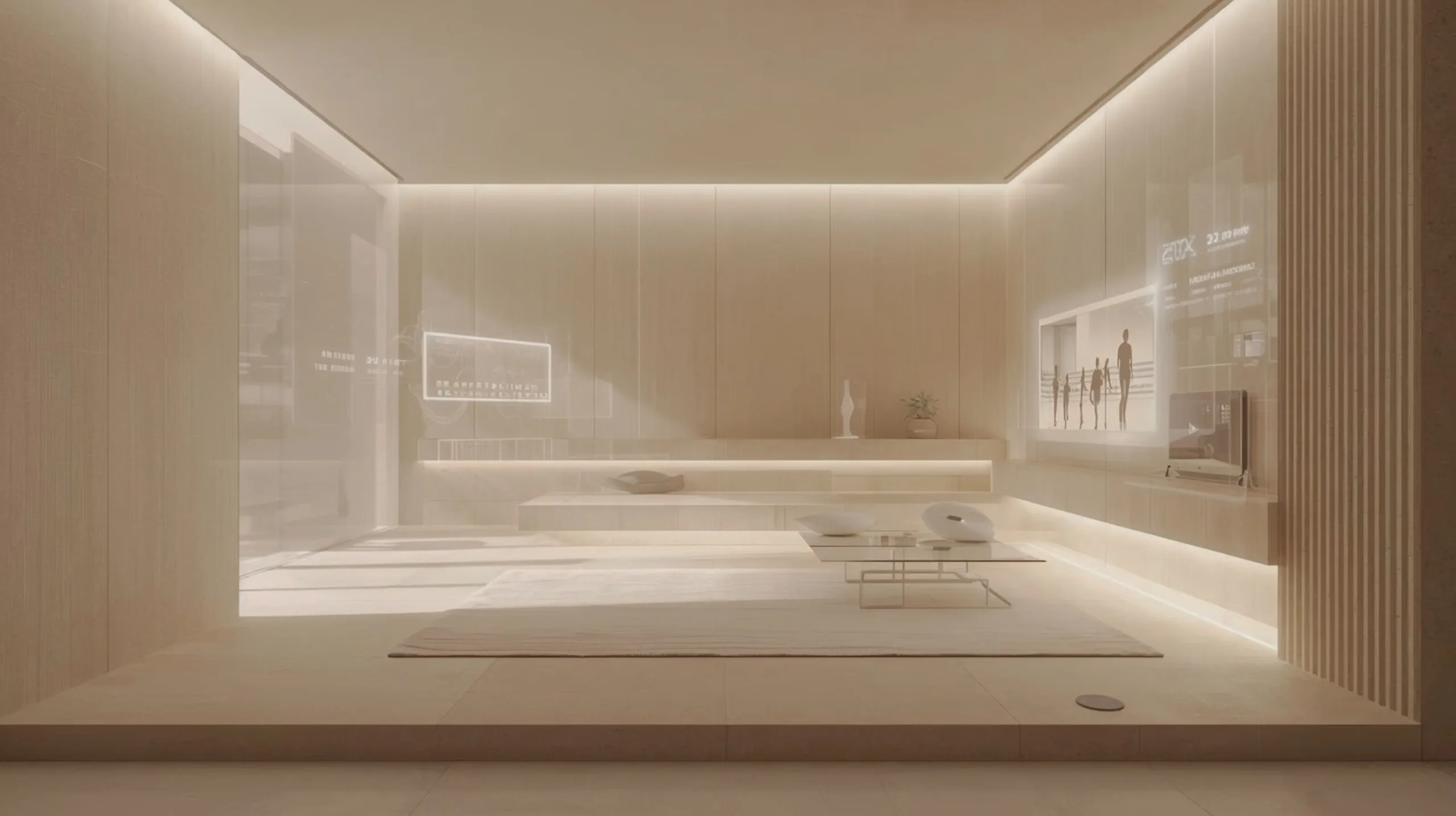 IA et architecture d'intérieur : synergie d'un salon minimaliste avec interfaces technologiques.