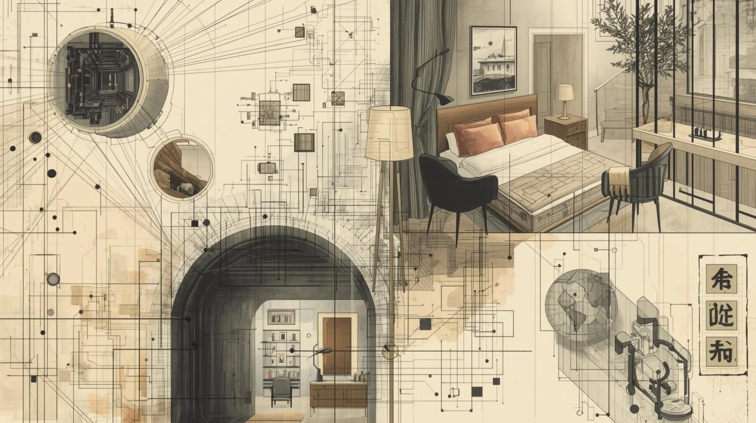 Art de style plan d'une chambre divisée avec des schémas architecturaux et une vraie photo d'une chambre moderne.