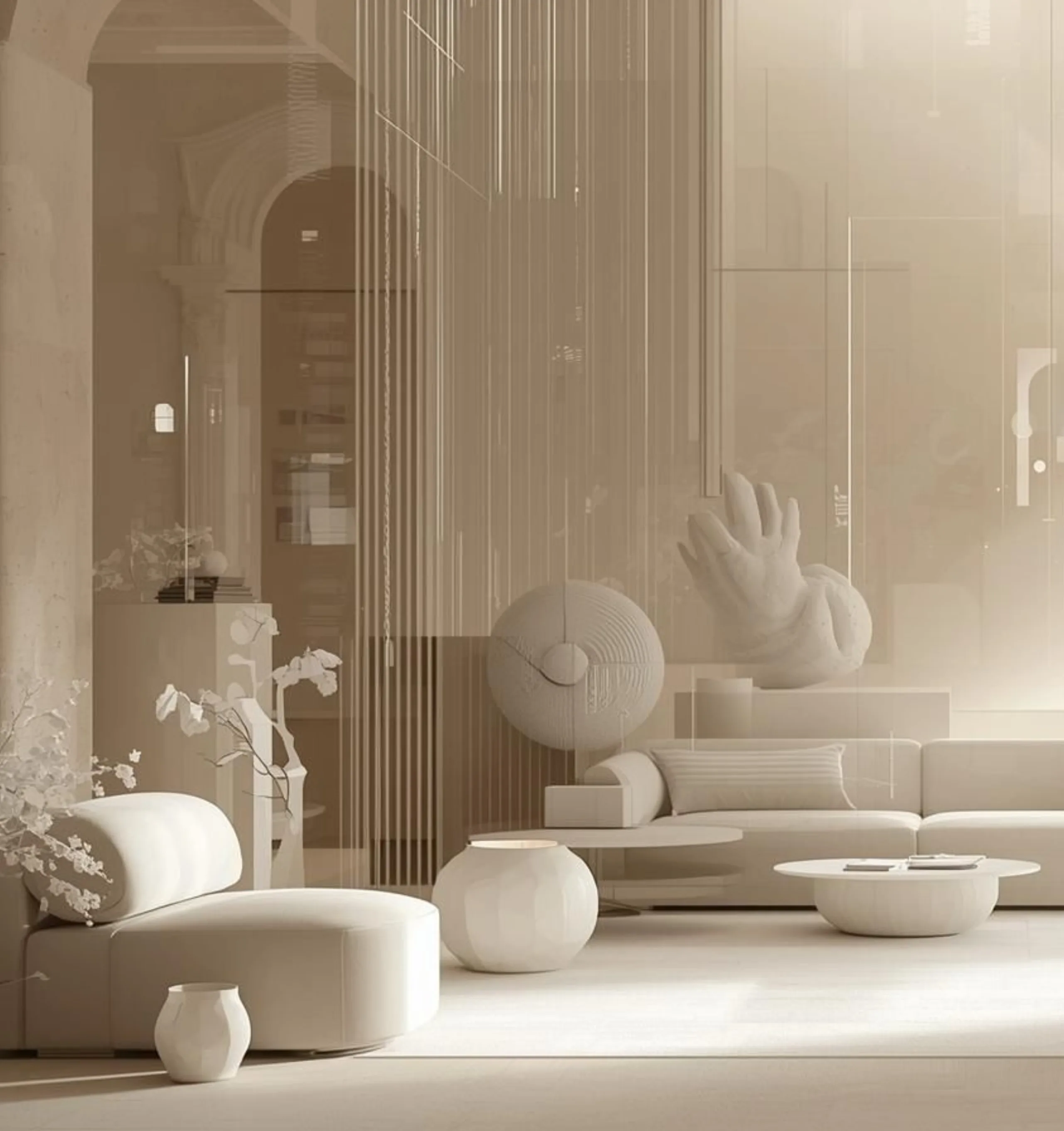 Élégant salon beige avec décor sculptural, rideau transparent et grande fenêtre.