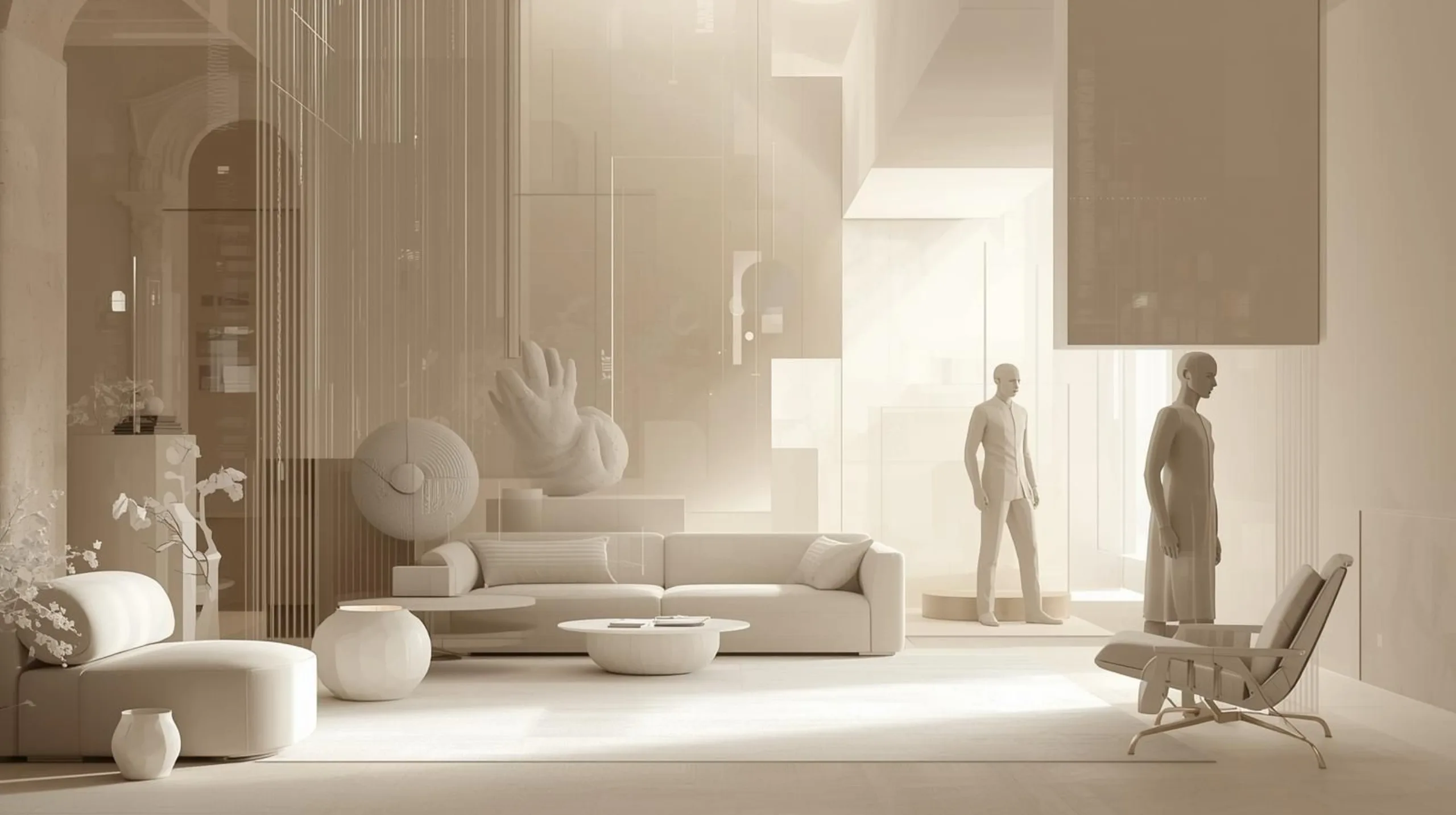 Intérieur monochrome avec personnages. Un homme debout, une femme le regarde. Une chaise au premier plan.